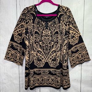 Calessa Black Tan Paisley Tunic Top XL Boho Lagenlook Relaxed 3/4 Bell Sleeve